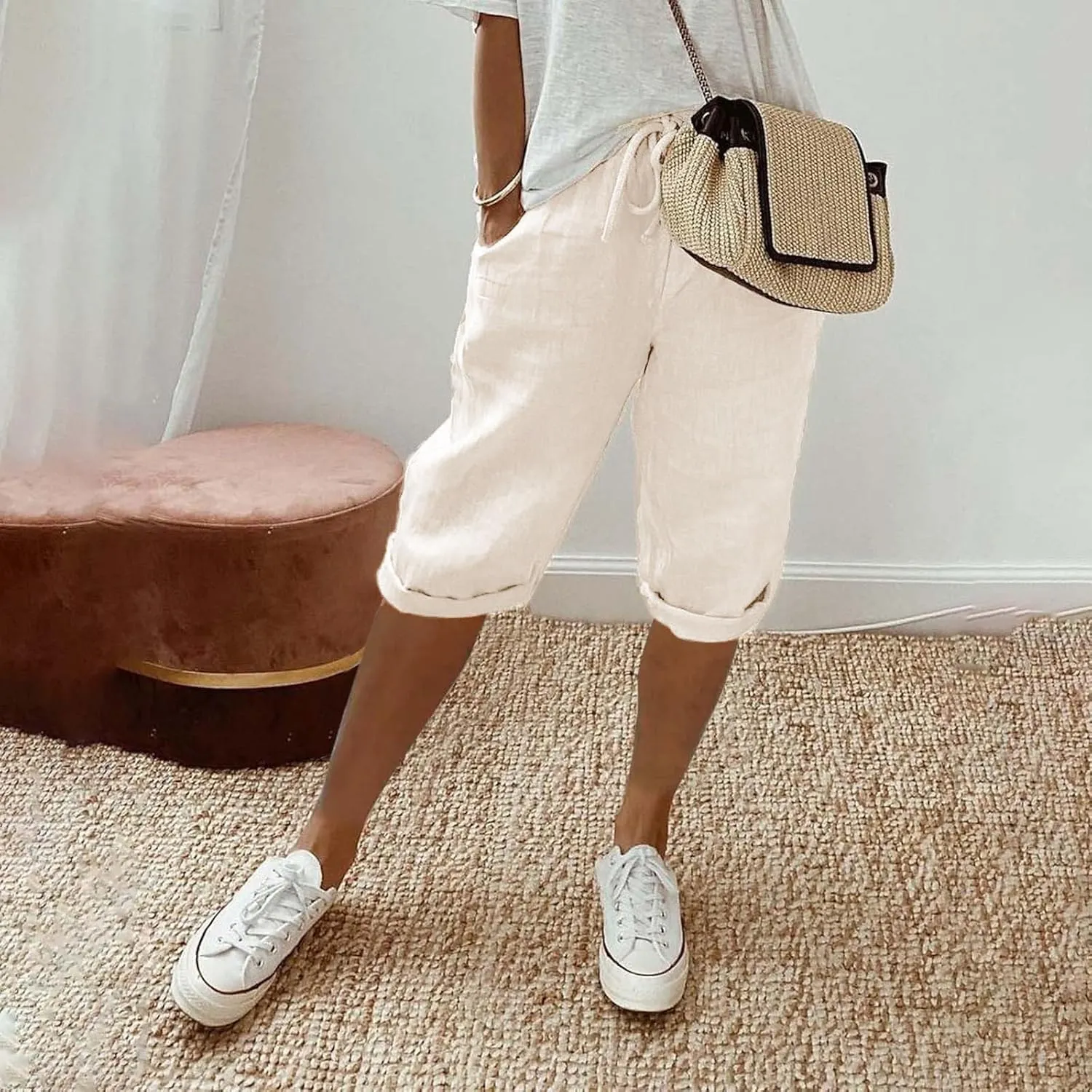Capris Pants for Women Pants Ladies Loose Drawstring Casual Solid Color Shorts Beach Clothes Linen Pants Women
