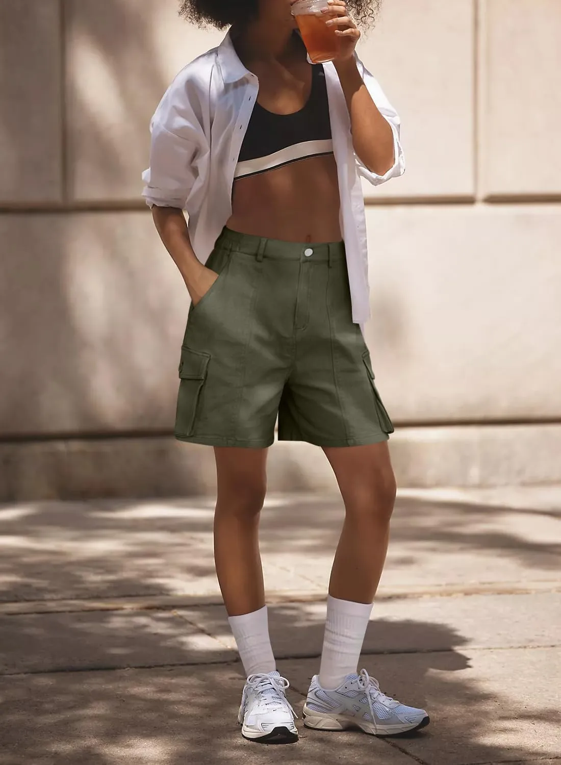 Cargo Shorts Women Bermuda Knee Length Long Hiking Shorts with Pockets Elastic Waist for Summer Casual Trendy Outfits