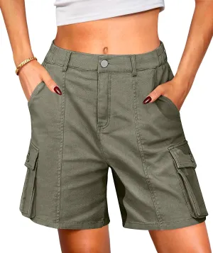 Cargo Shorts Women Bermuda Knee Length Long Hiking Shorts with Pockets Elastic Waist for Summer Casual Trendy Outfits