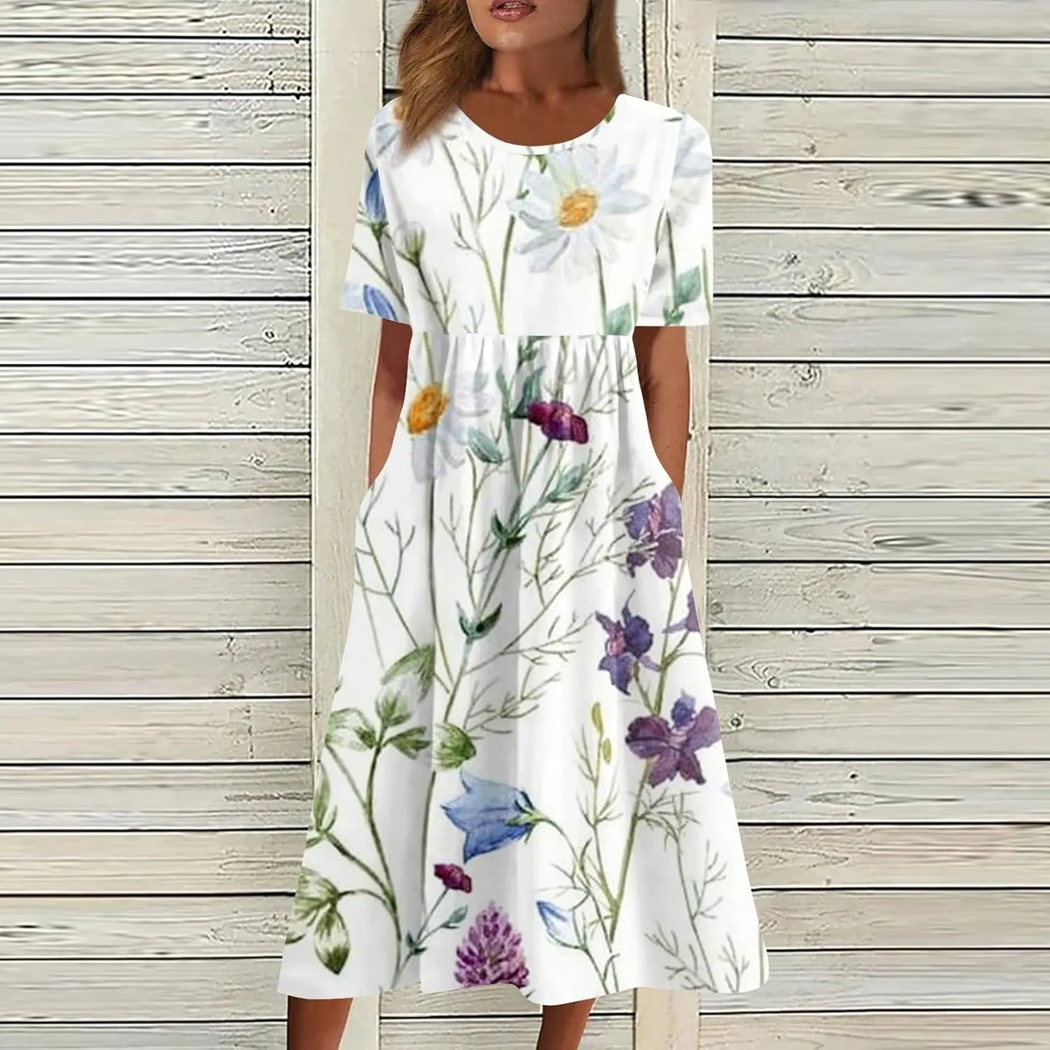 Casual Summer Fall Midi Dress for Vacation Beach Trendy Short Sleeve Plus Flowy Elegant Formal Floral Smocked Dress