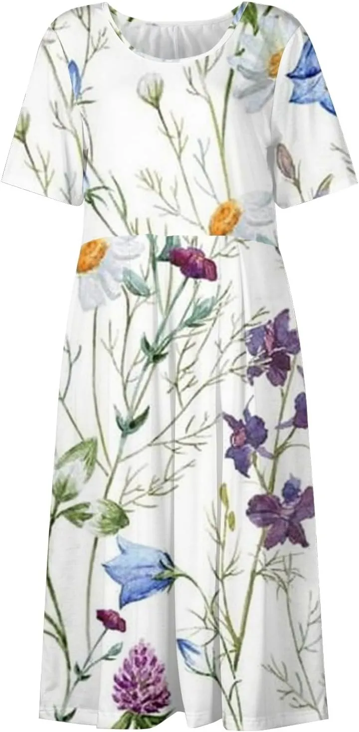 Casual Summer Fall Midi Dress for Vacation Beach Trendy Short Sleeve Plus Flowy Elegant Formal Floral Smocked Dress