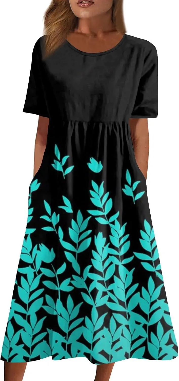 Casual Summer Fall Midi Dress for Vacation Beach Trendy Short Sleeve Plus Flowy Elegant Formal Floral Smocked Dress