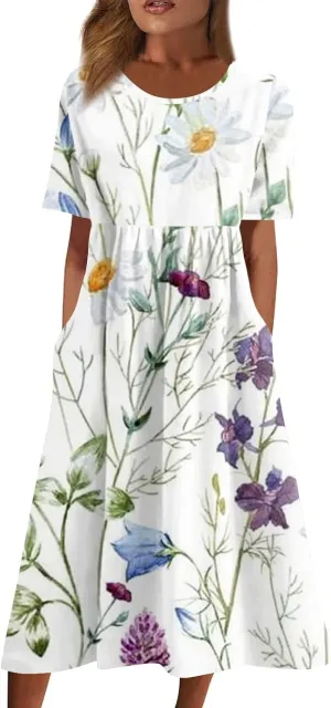 Casual Summer Fall Midi Dress for Vacation Beach Trendy Short Sleeve Plus Flowy Elegant Formal Floral Smocked Dress