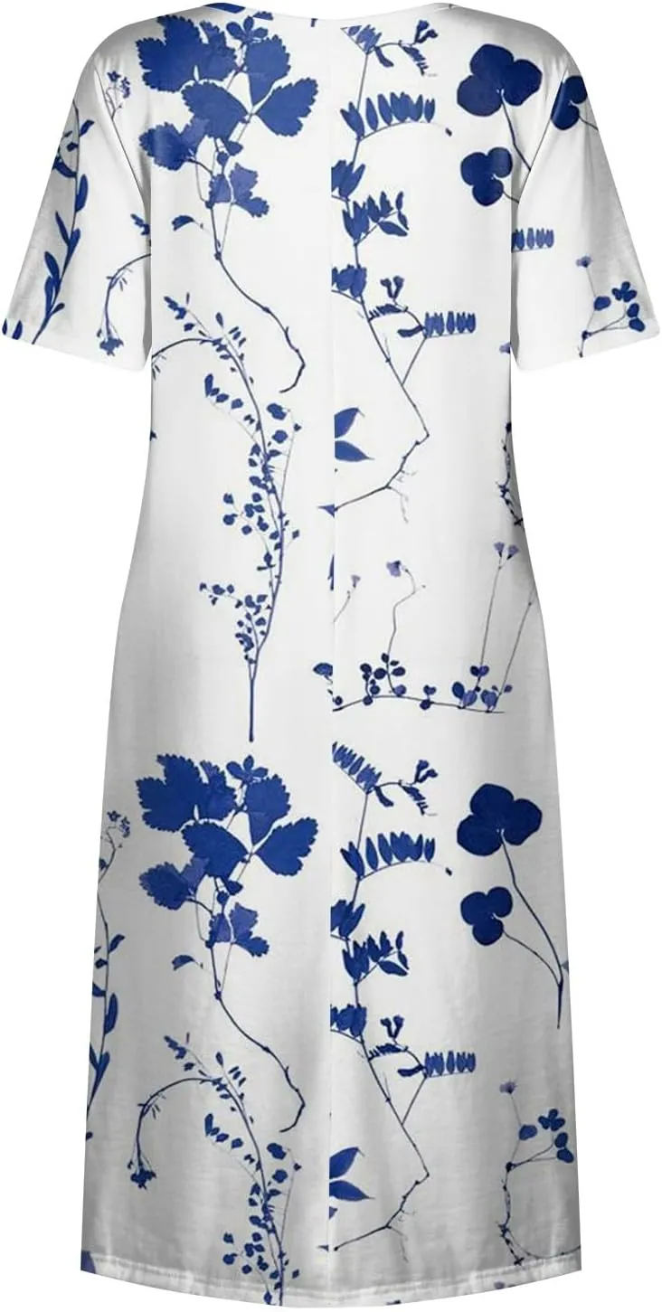 Casual Summer Fall Midi Dress for Vacation Beach Trendy Short Sleeve Plus Flowy Elegant Formal Floral Smocked Dress
