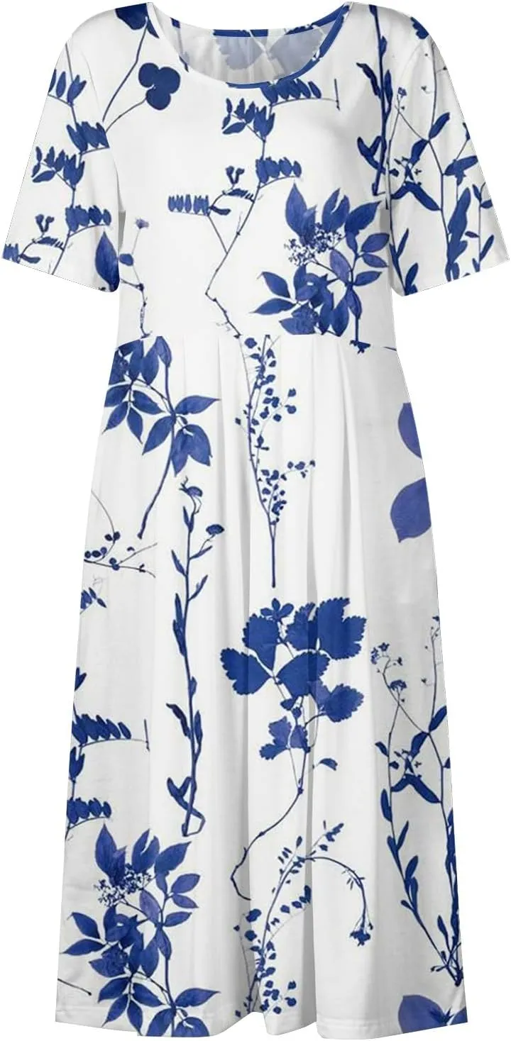 Casual Summer Fall Midi Dress for Vacation Beach Trendy Short Sleeve Plus Flowy Elegant Formal Floral Smocked Dress