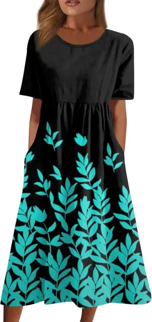 Casual Summer Fall Midi Dress for Vacation Beach Trendy Short Sleeve Plus Flowy Elegant Formal Floral Smocked Dress
