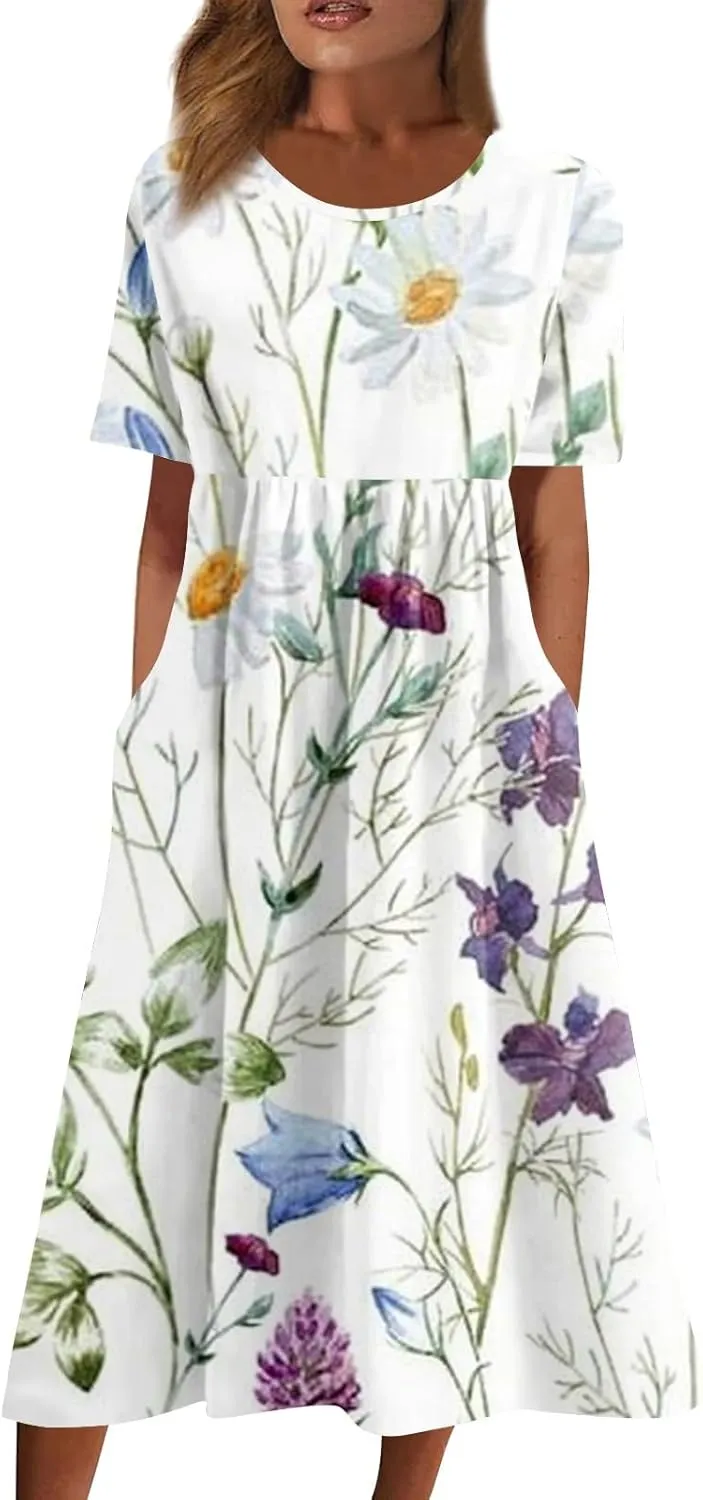 Casual Summer Fall Midi Dress for Vacation Beach Trendy Short Sleeve Plus Flowy Elegant Formal Floral Smocked Dress