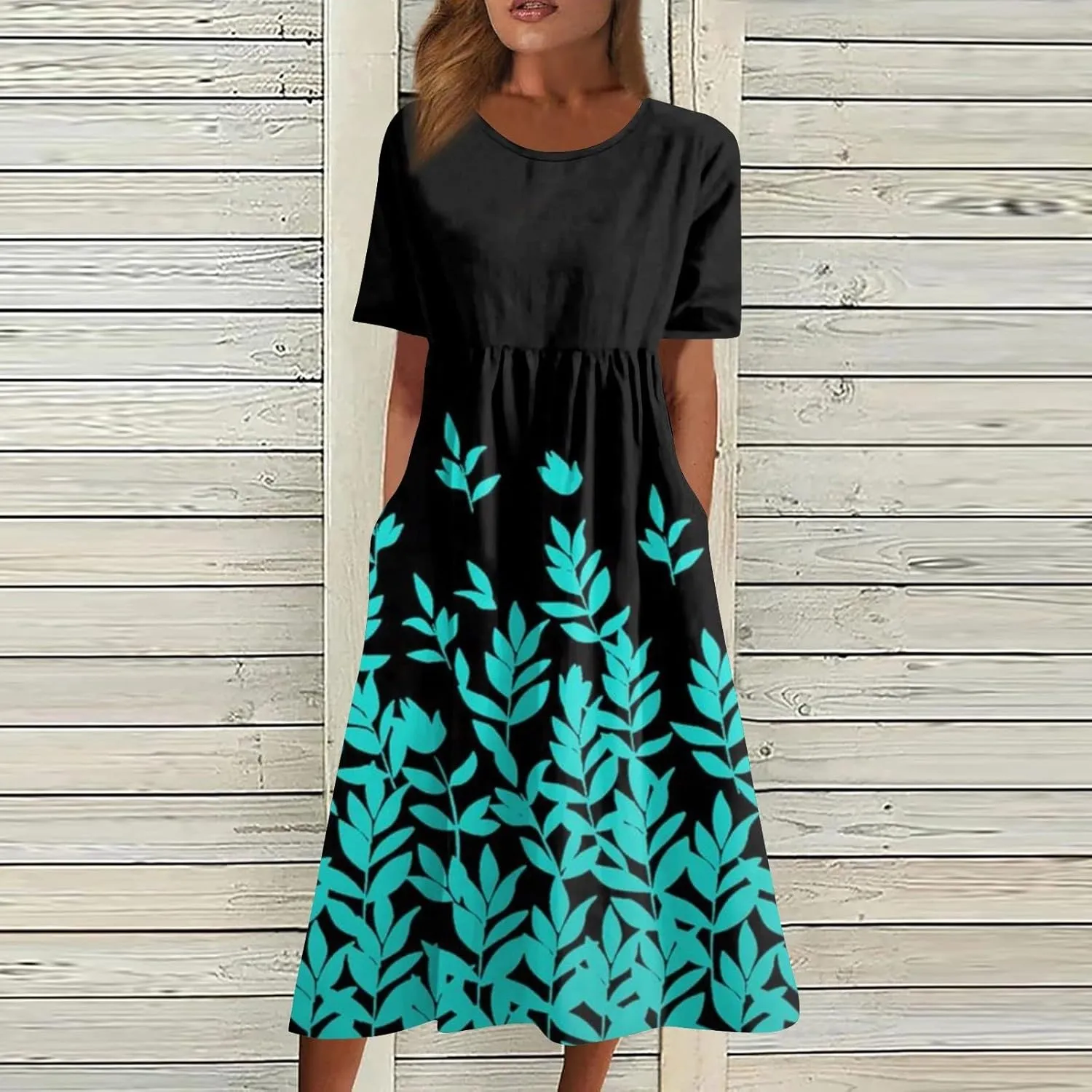 Casual Summer Fall Midi Dress for Vacation Beach Trendy Short Sleeve Plus Flowy Elegant Formal Floral Smocked Dress