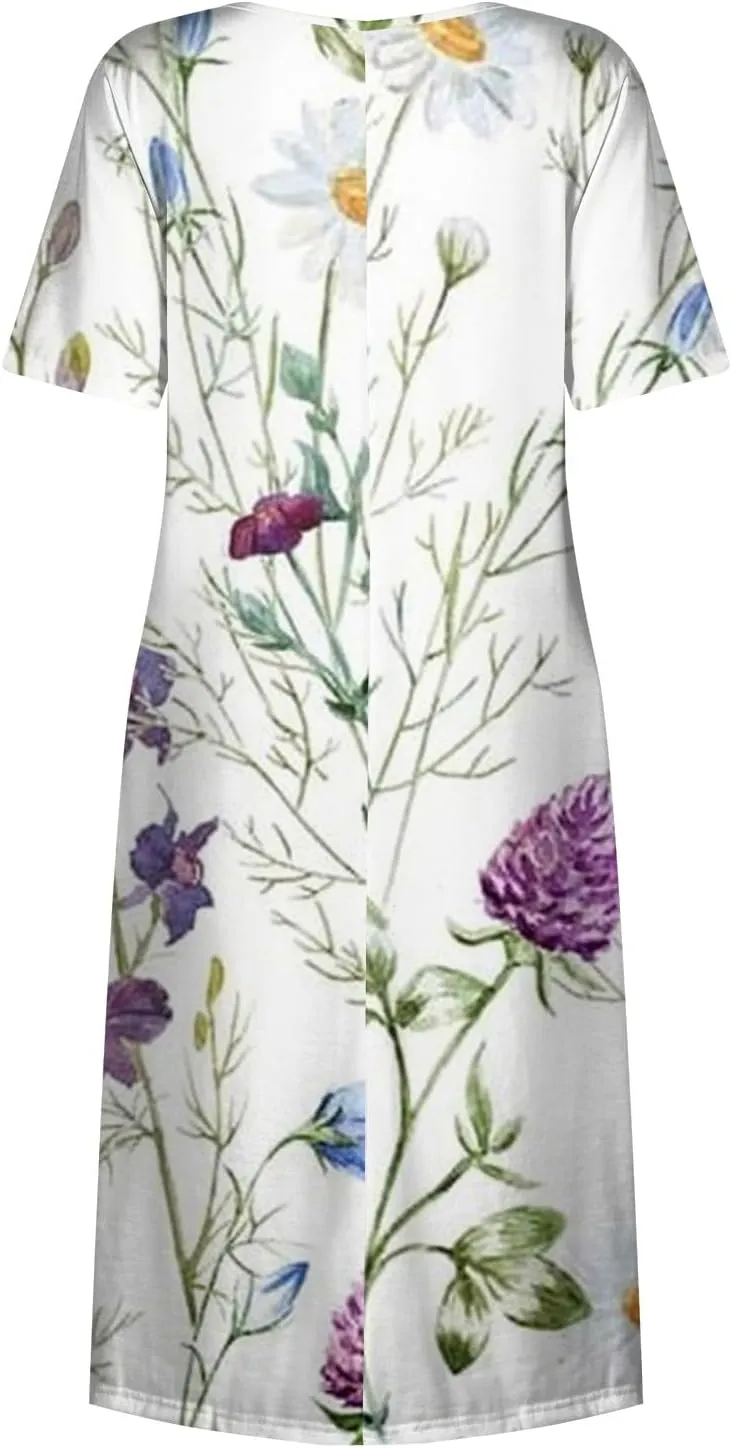 Casual Summer Fall Midi Dress for Vacation Beach Trendy Short Sleeve Plus Flowy Elegant Formal Floral Smocked Dress