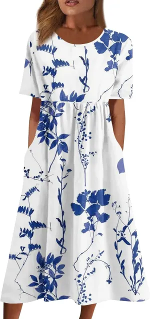 Casual Summer Fall Midi Dress for Vacation Beach Trendy Short Sleeve Plus Flowy Elegant Formal Floral Smocked Dress