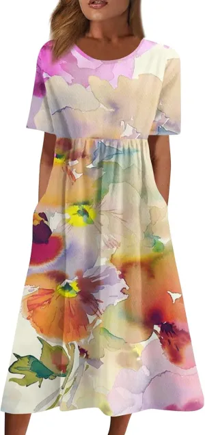 Casual Summer Fall Midi Dress for Vacation Beach Trendy Short Sleeve Plus Flowy Elegant Formal Floral Smocked Dress