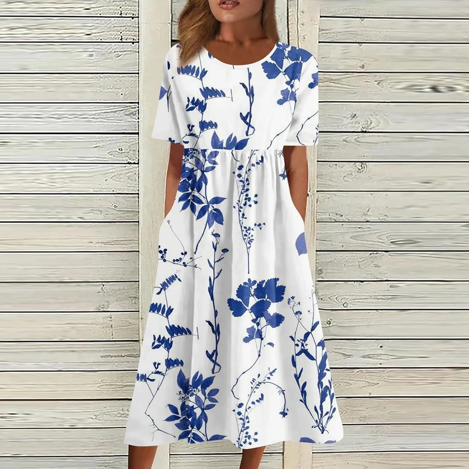 Casual Summer Fall Midi Dress for Vacation Beach Trendy Short Sleeve Plus Flowy Elegant Formal Floral Smocked Dress