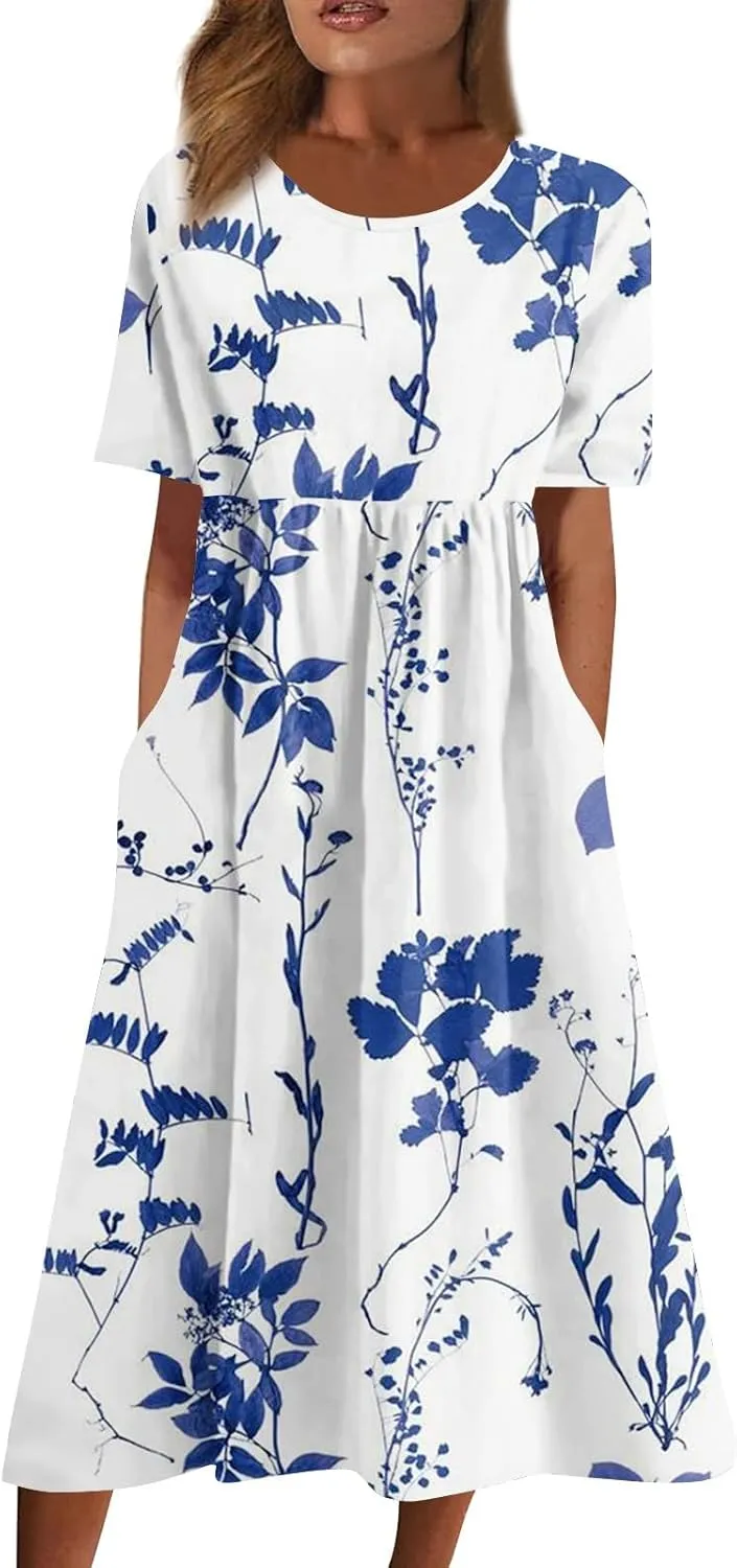 Casual Summer Fall Midi Dress for Vacation Beach Trendy Short Sleeve Plus Flowy Elegant Formal Floral Smocked Dress