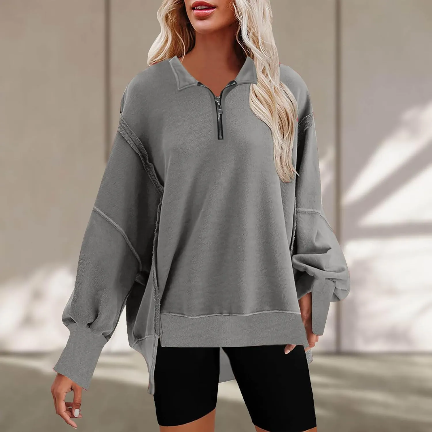 Ceboyel Oversized Sweatshirts for Women Loose Fit Zip Up Hoodie Sweatshirt Split Corded Pullover Tops Fashion Trendy Clothes