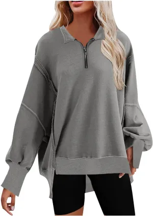 Ceboyel Oversized Sweatshirts for Women Loose Fit Zip Up Hoodie Sweatshirt Split Corded Pullover Tops Fashion Trendy Clothes