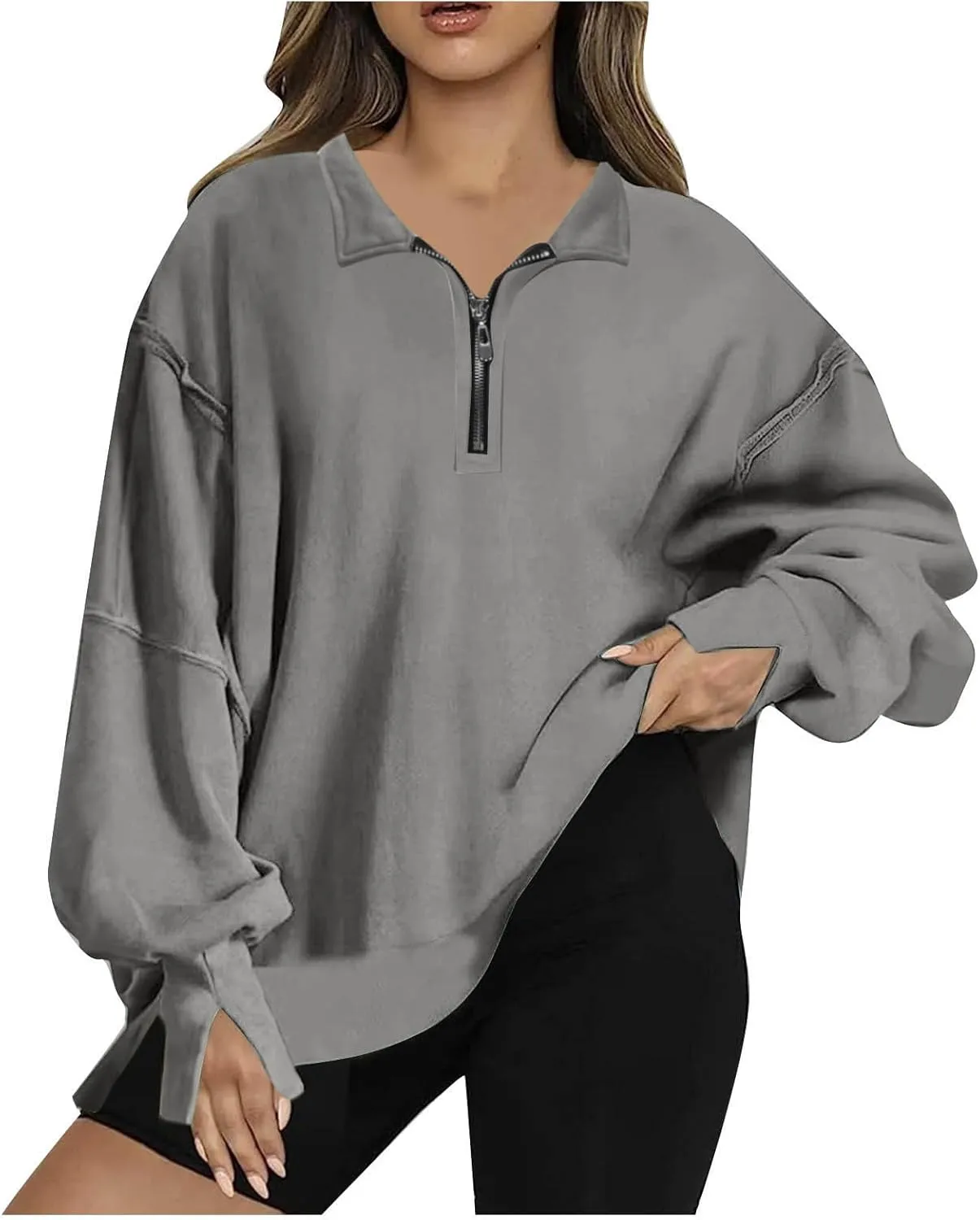 Ceboyel Oversized Sweatshirts for Women Loose Fit Zip Up Hoodie Sweatshirt Split Corded Pullover Tops Fashion Trendy Clothes