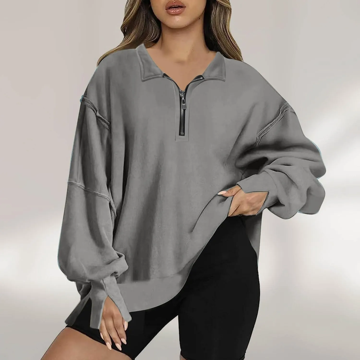 Ceboyel Oversized Sweatshirts for Women Loose Fit Zip Up Hoodie Sweatshirt Split Corded Pullover Tops Fashion Trendy Clothes