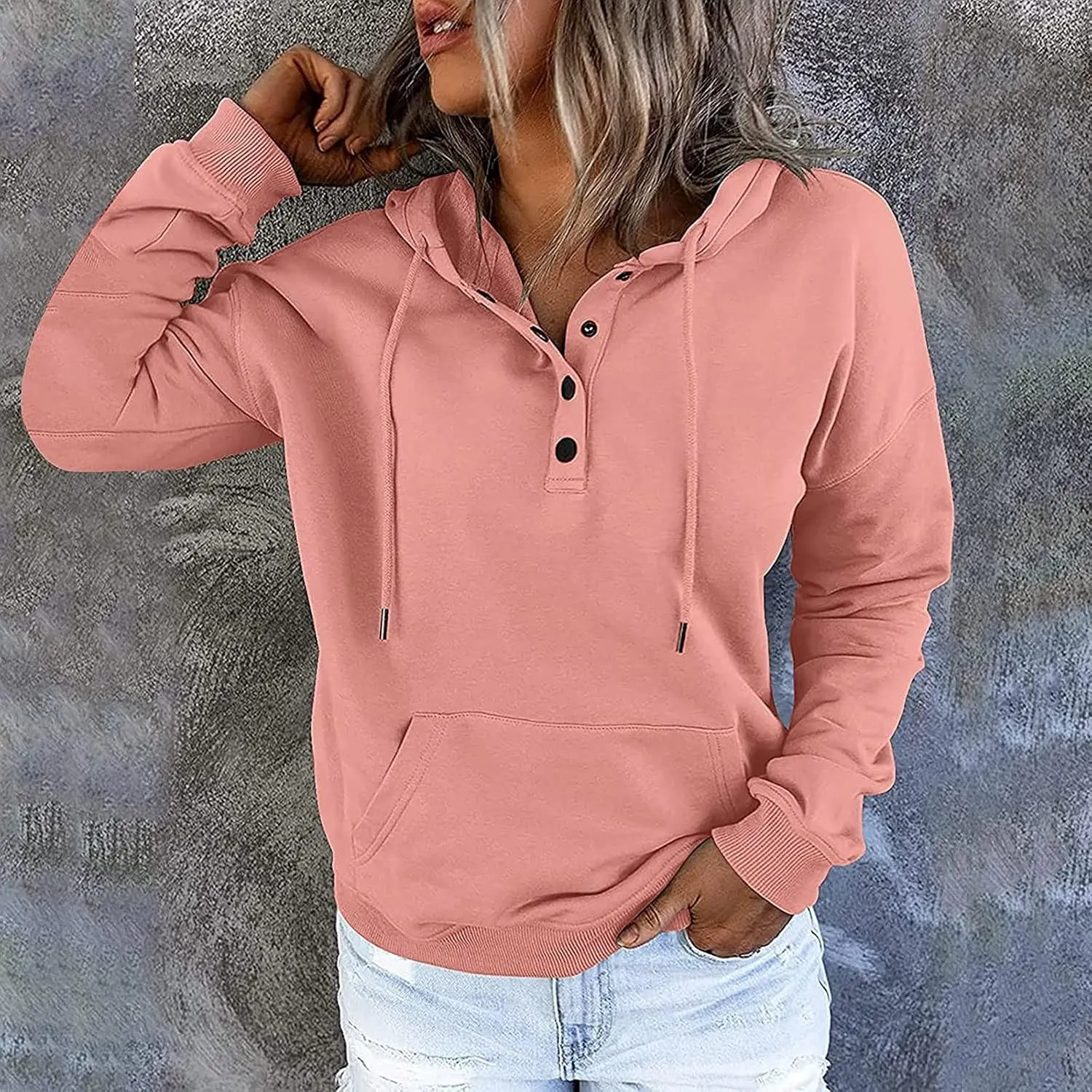 Ceboyel Women Cute Hoodies 2023 Button Collar Pullover Tops Drawstring Long Sleeve Sweatshirts Trendy Teen Girls Clothing