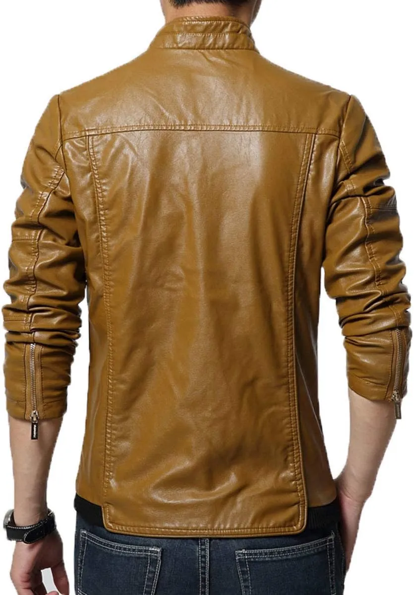 chouyatou Men's Cool Stylish Slim Fit Stand Collar Lightweight Bomber Faux Leather Jacket Coat