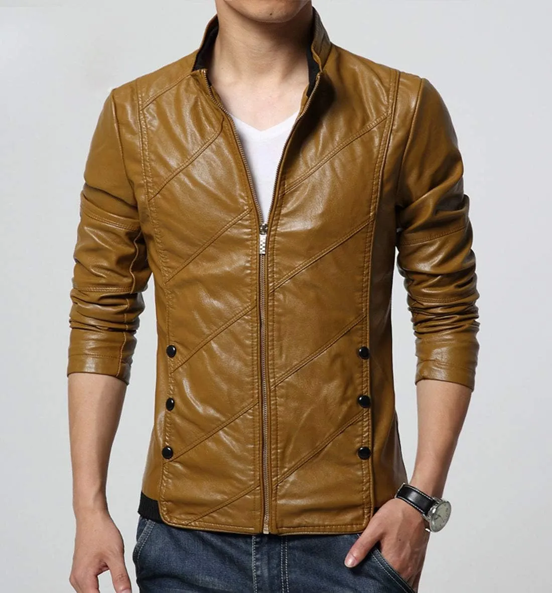 chouyatou Men's Cool Stylish Slim Fit Stand Collar Lightweight Bomber Faux Leather Jacket Coat
