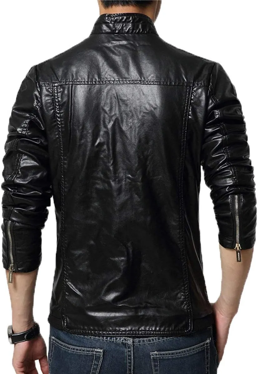 chouyatou Men's Cool Stylish Slim Fit Stand Collar Lightweight Bomber Faux Leather Jacket Coat
