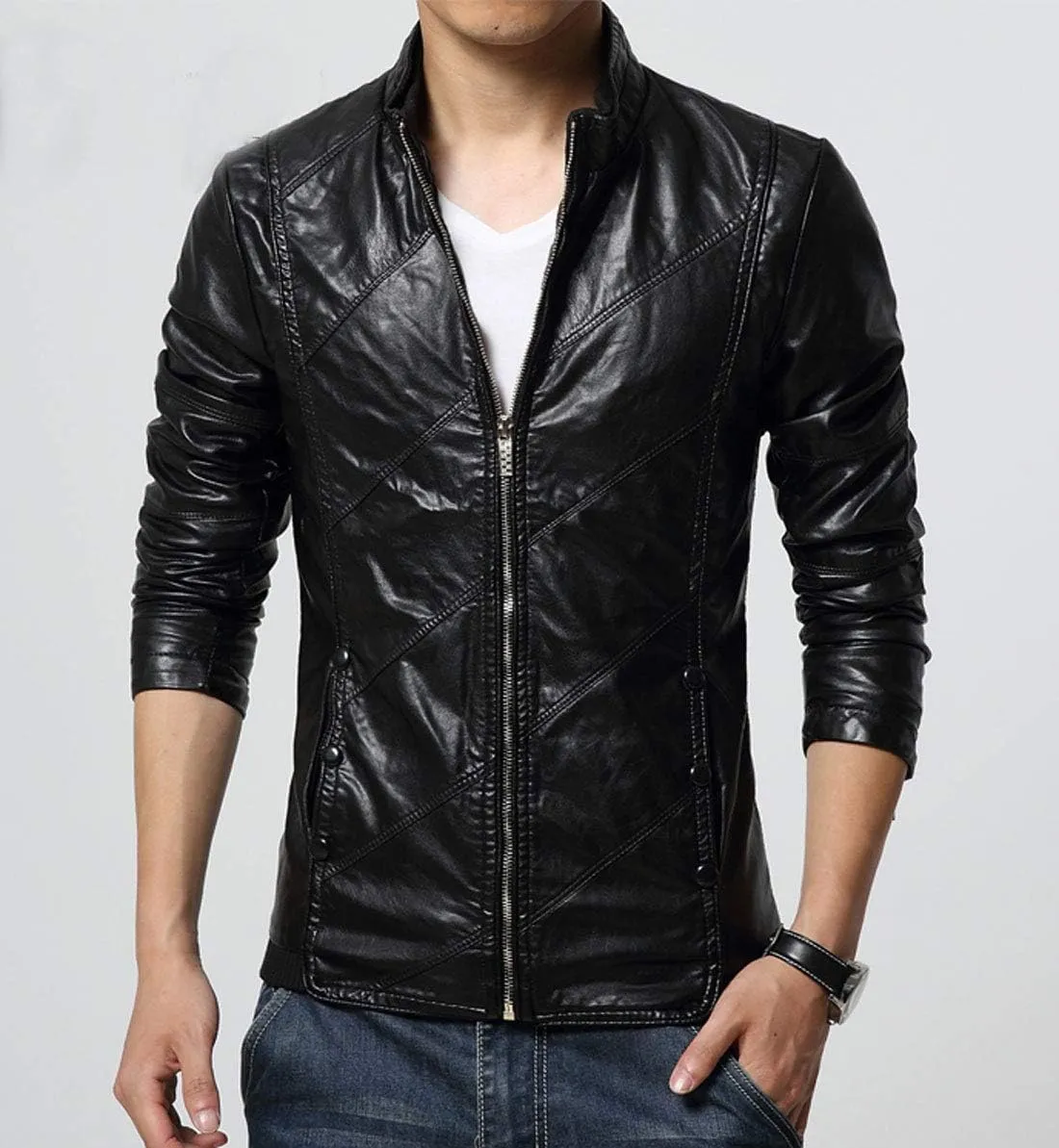 chouyatou Men's Cool Stylish Slim Fit Stand Collar Lightweight Bomber Faux Leather Jacket Coat