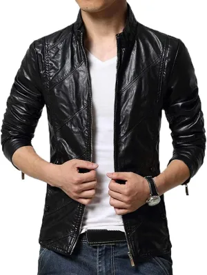 chouyatou Men's Cool Stylish Slim Fit Stand Collar Lightweight Bomber Faux Leather Jacket Coat