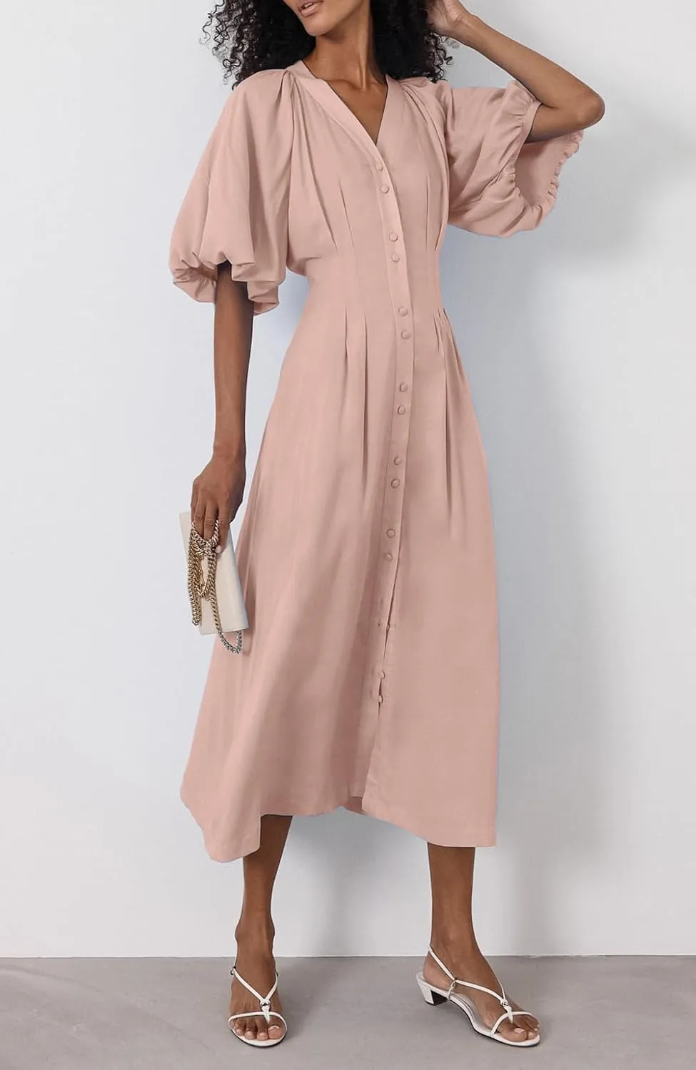 chouyatou Women Summer Puff Sleeve Button Down Shirt Dress Flowy Elegant Business Casual Midi Long Dress