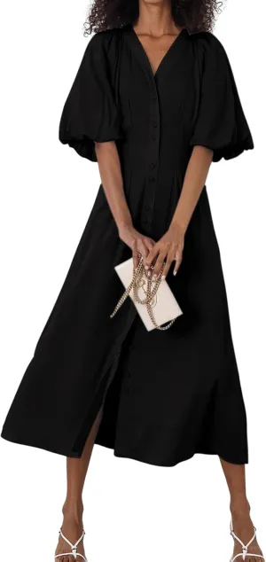 chouyatou Women Summer Puff Sleeve Button Down Shirt Dress Flowy Elegant Business Casual Midi Long Dress