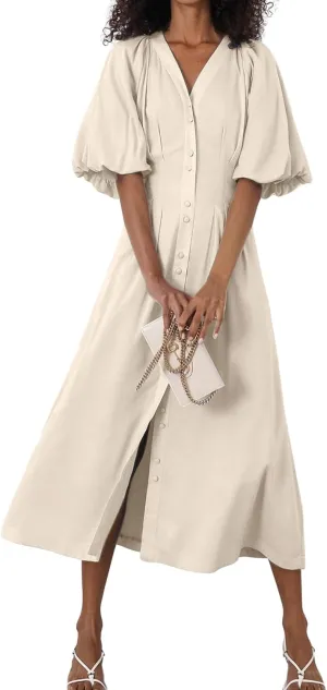 chouyatou Women Summer Puff Sleeve Button Down Shirt Dress Flowy Elegant Business Casual Midi Long Dress