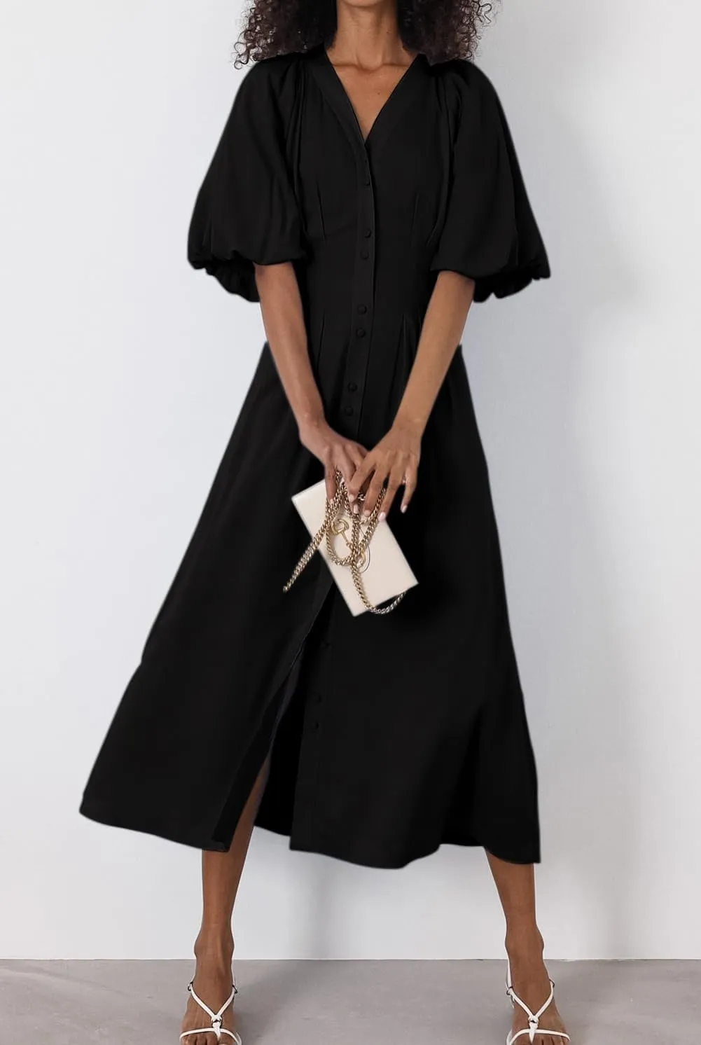 chouyatou Women Summer Puff Sleeve Button Down Shirt Dress Flowy Elegant Business Casual Midi Long Dress