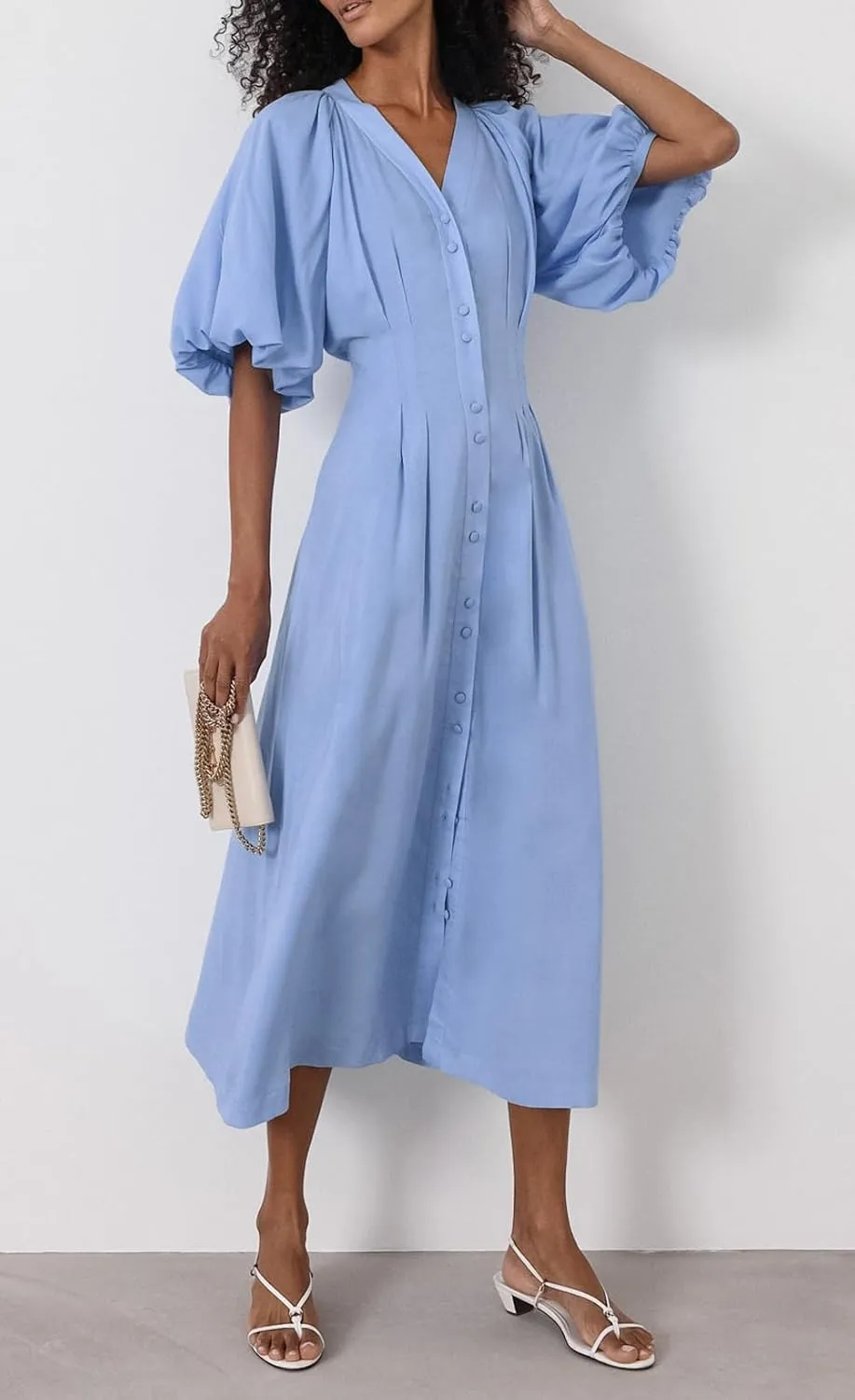 chouyatou Women Summer Puff Sleeve Button Down Shirt Dress Flowy Elegant Business Casual Midi Long Dress