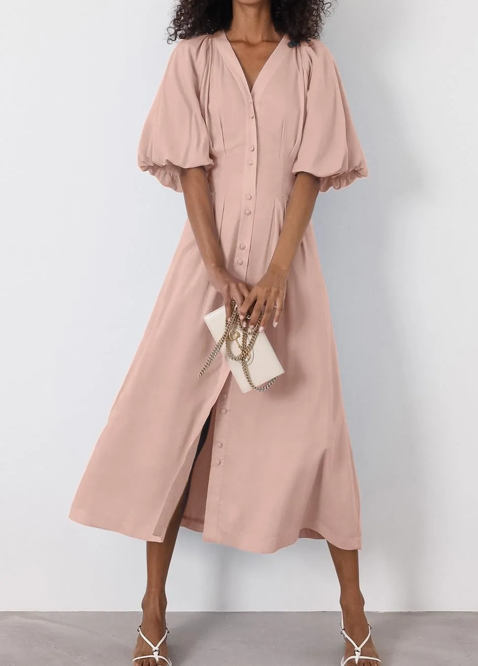 chouyatou Women Summer Puff Sleeve Button Down Shirt Dress Flowy Elegant Business Casual Midi Long Dress