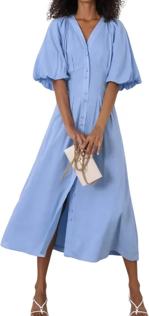 chouyatou Women Summer Puff Sleeve Button Down Shirt Dress Flowy Elegant Business Casual Midi Long Dress
