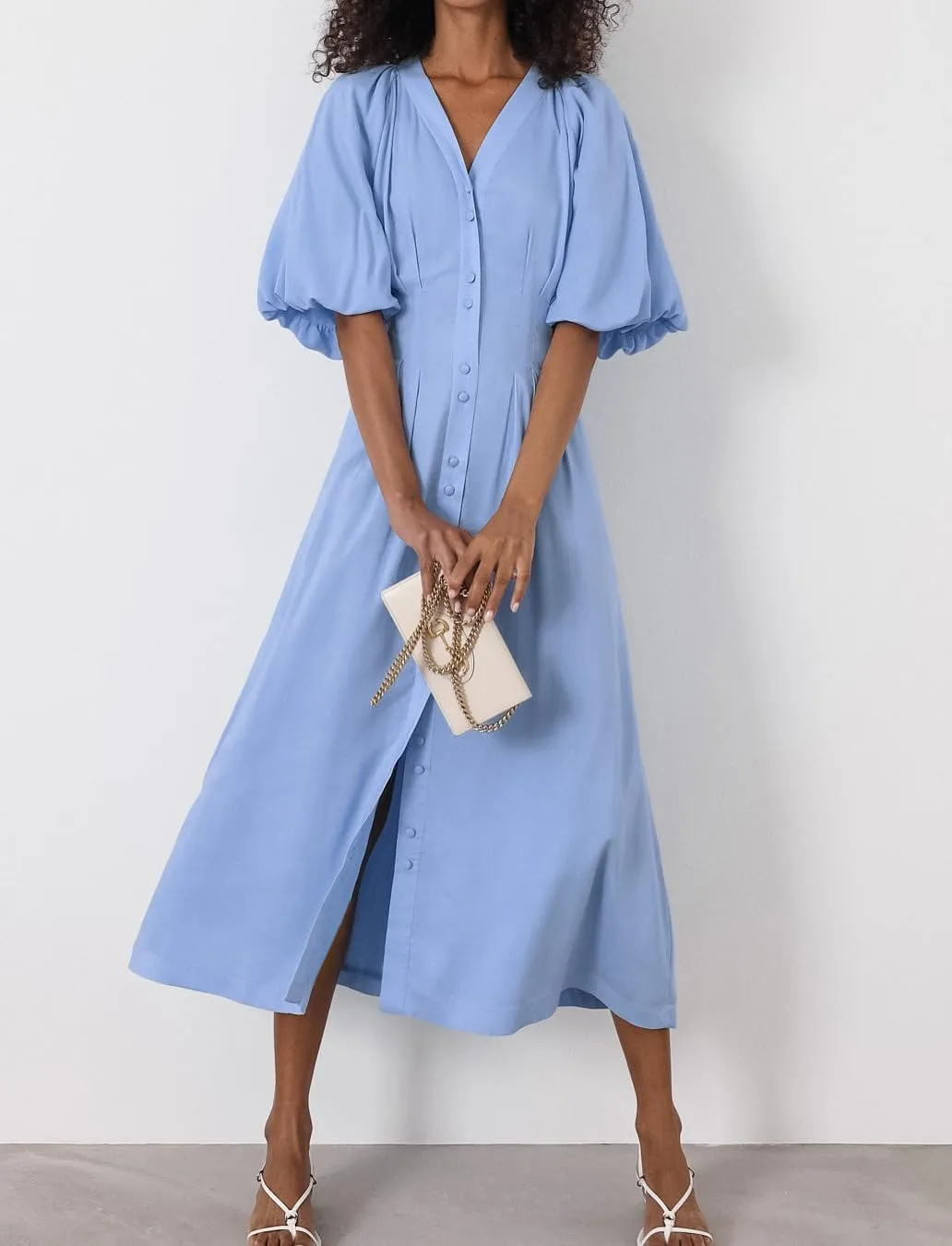 chouyatou Women Summer Puff Sleeve Button Down Shirt Dress Flowy Elegant Business Casual Midi Long Dress