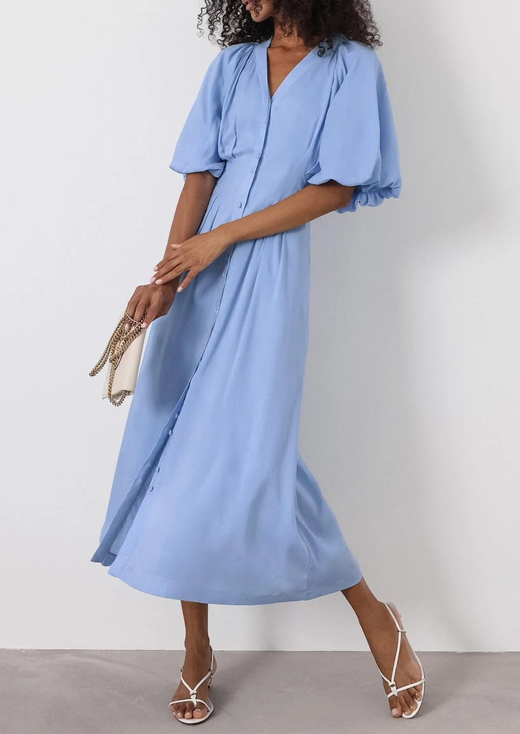 chouyatou Women Summer Puff Sleeve Button Down Shirt Dress Flowy Elegant Business Casual Midi Long Dress