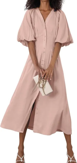 chouyatou Women Summer Puff Sleeve Button Down Shirt Dress Flowy Elegant Business Casual Midi Long Dress