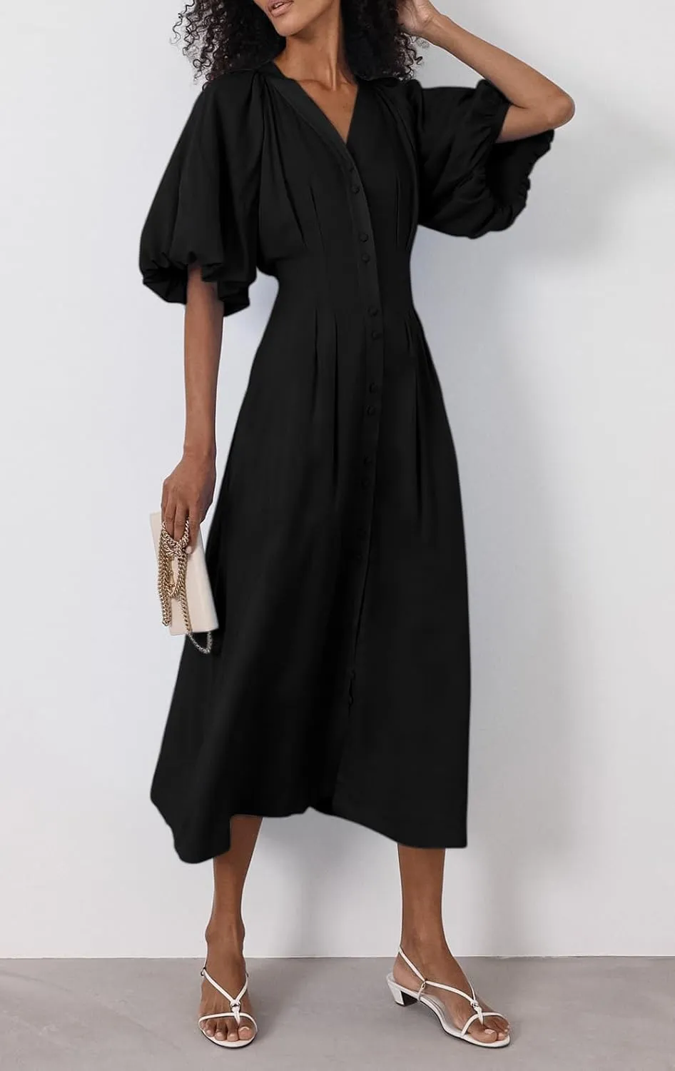 chouyatou Women Summer Puff Sleeve Button Down Shirt Dress Flowy Elegant Business Casual Midi Long Dress