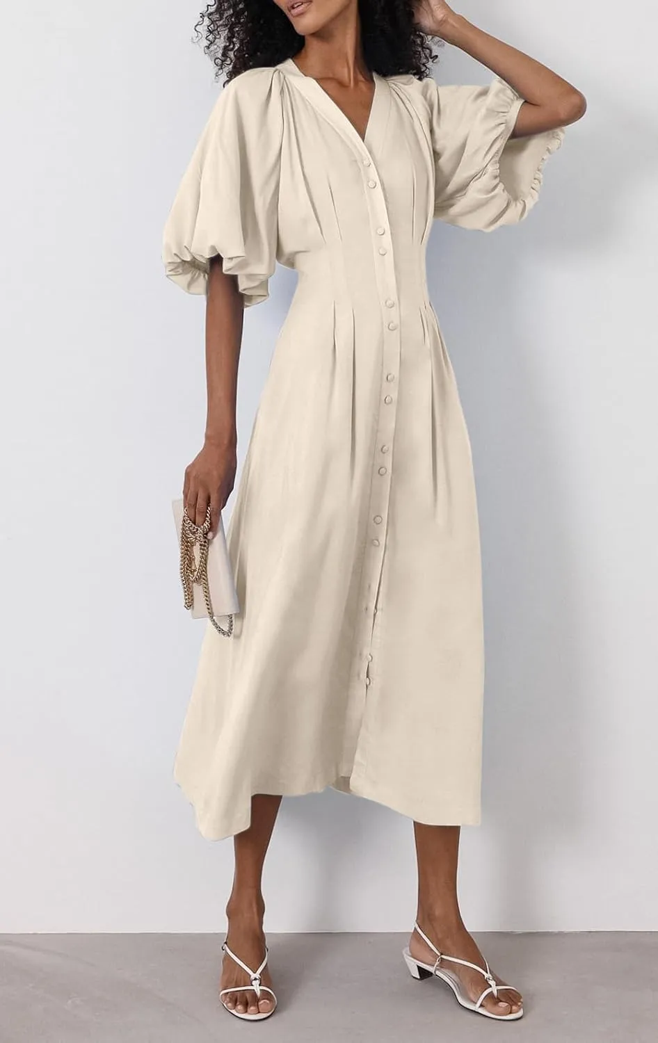 chouyatou Women Summer Puff Sleeve Button Down Shirt Dress Flowy Elegant Business Casual Midi Long Dress