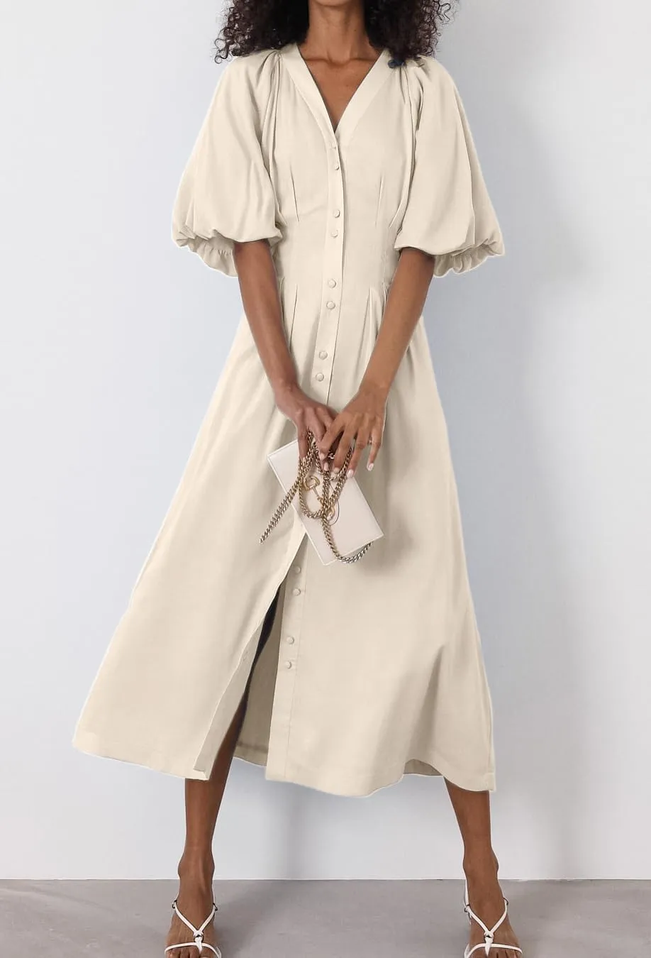 chouyatou Women Summer Puff Sleeve Button Down Shirt Dress Flowy Elegant Business Casual Midi Long Dress