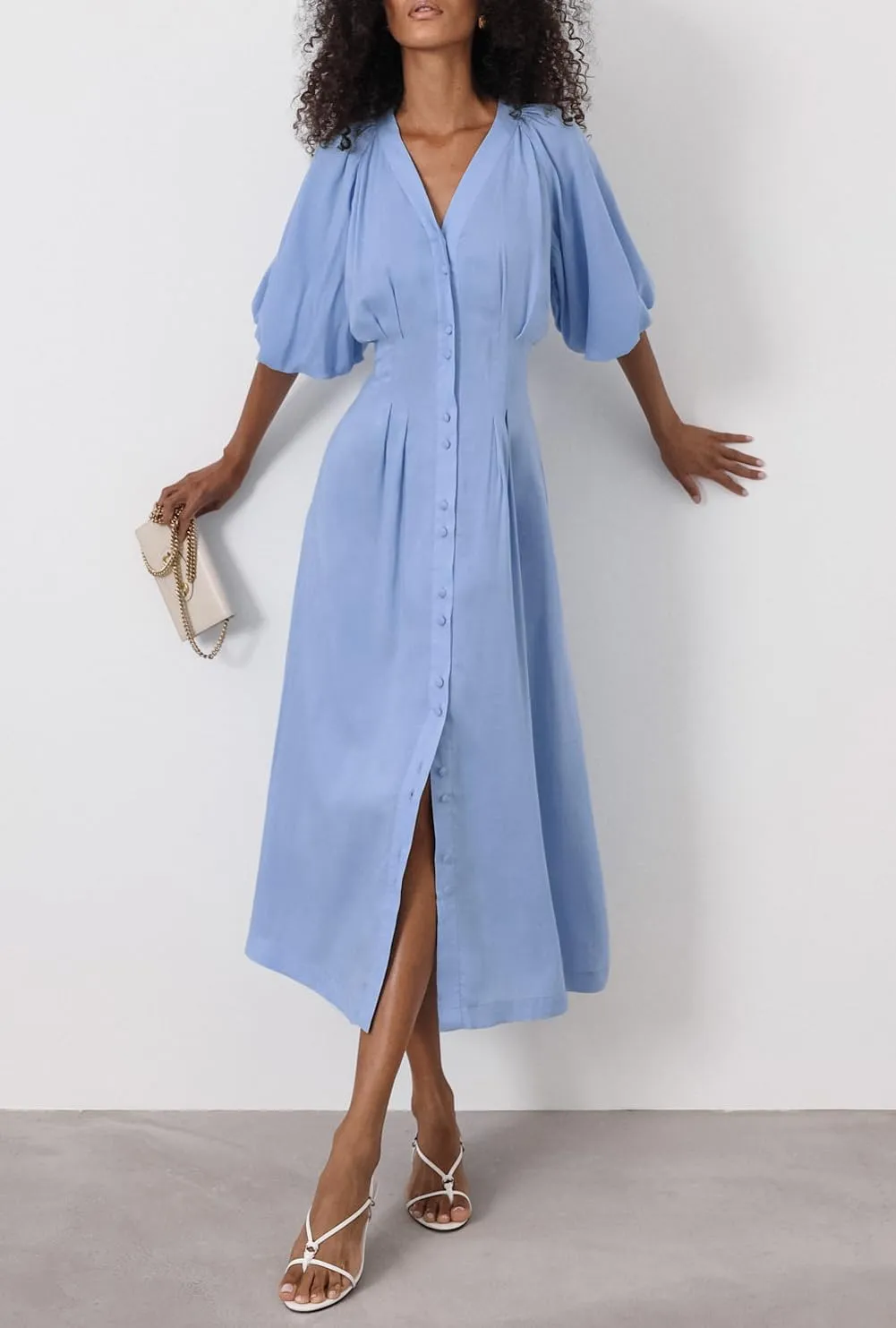 chouyatou Women Summer Puff Sleeve Button Down Shirt Dress Flowy Elegant Business Casual Midi Long Dress