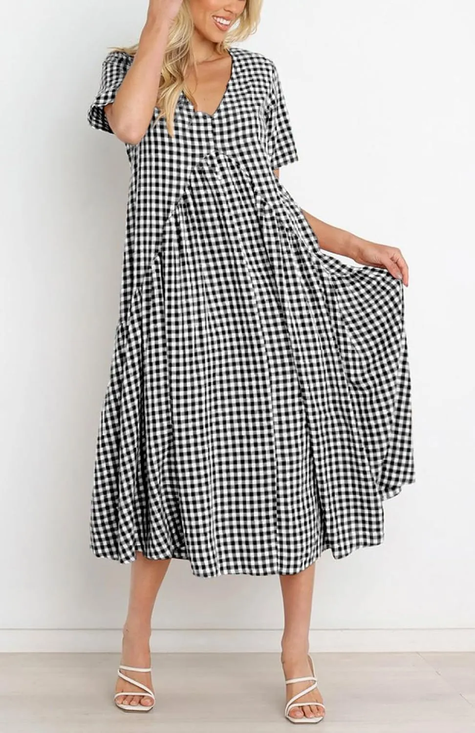chouyatou Women's Summer Casual Midi Long Plaid Tunic Dress Ruffle Empire Waist Flowy Swing Gingham Dress