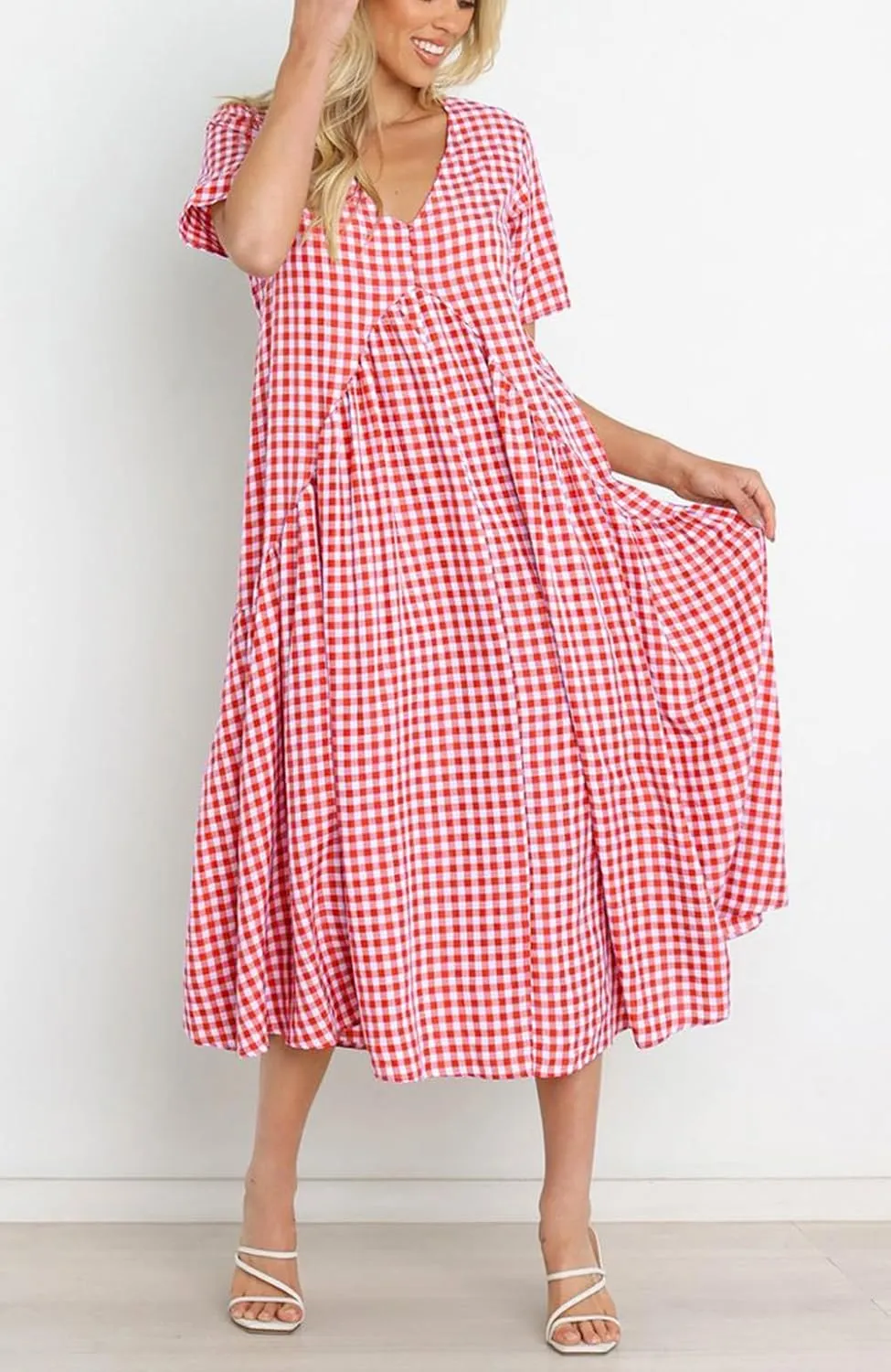 chouyatou Women's Summer Casual Midi Long Plaid Tunic Dress Ruffle Empire Waist Flowy Swing Gingham Dress