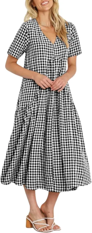 chouyatou Women's Summer Casual Midi Long Plaid Tunic Dress Ruffle Empire Waist Flowy Swing Gingham Dress