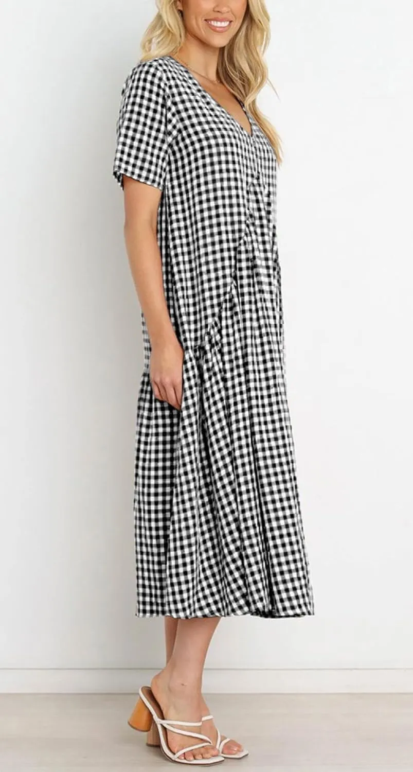 chouyatou Women's Summer Casual Midi Long Plaid Tunic Dress Ruffle Empire Waist Flowy Swing Gingham Dress