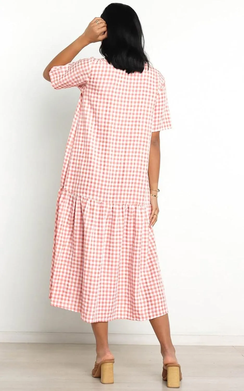 chouyatou Women's Summer Casual Midi Long Plaid Tunic Dress Ruffle Empire Waist Flowy Swing Gingham Dress