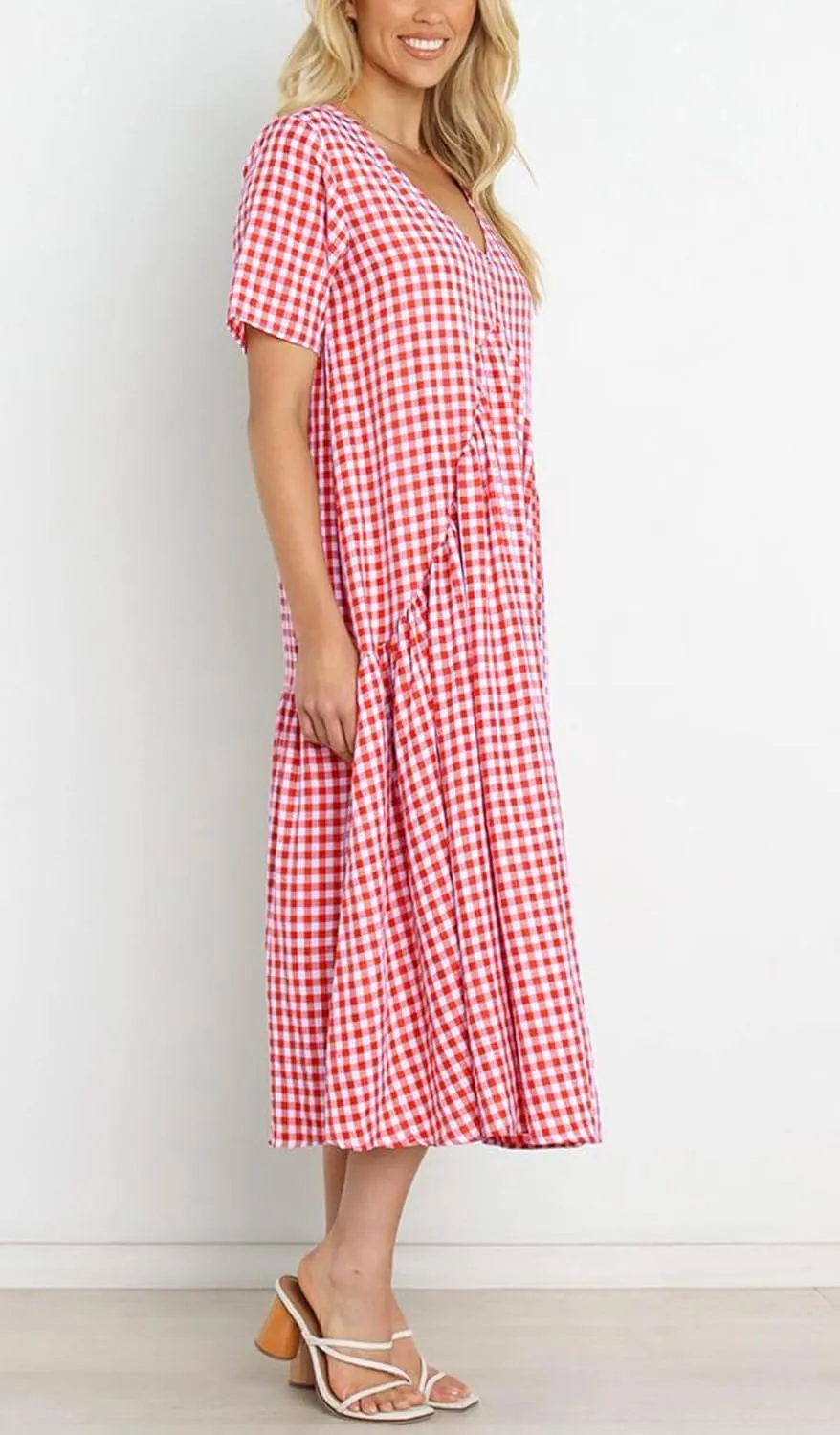 chouyatou Women's Summer Casual Midi Long Plaid Tunic Dress Ruffle Empire Waist Flowy Swing Gingham Dress