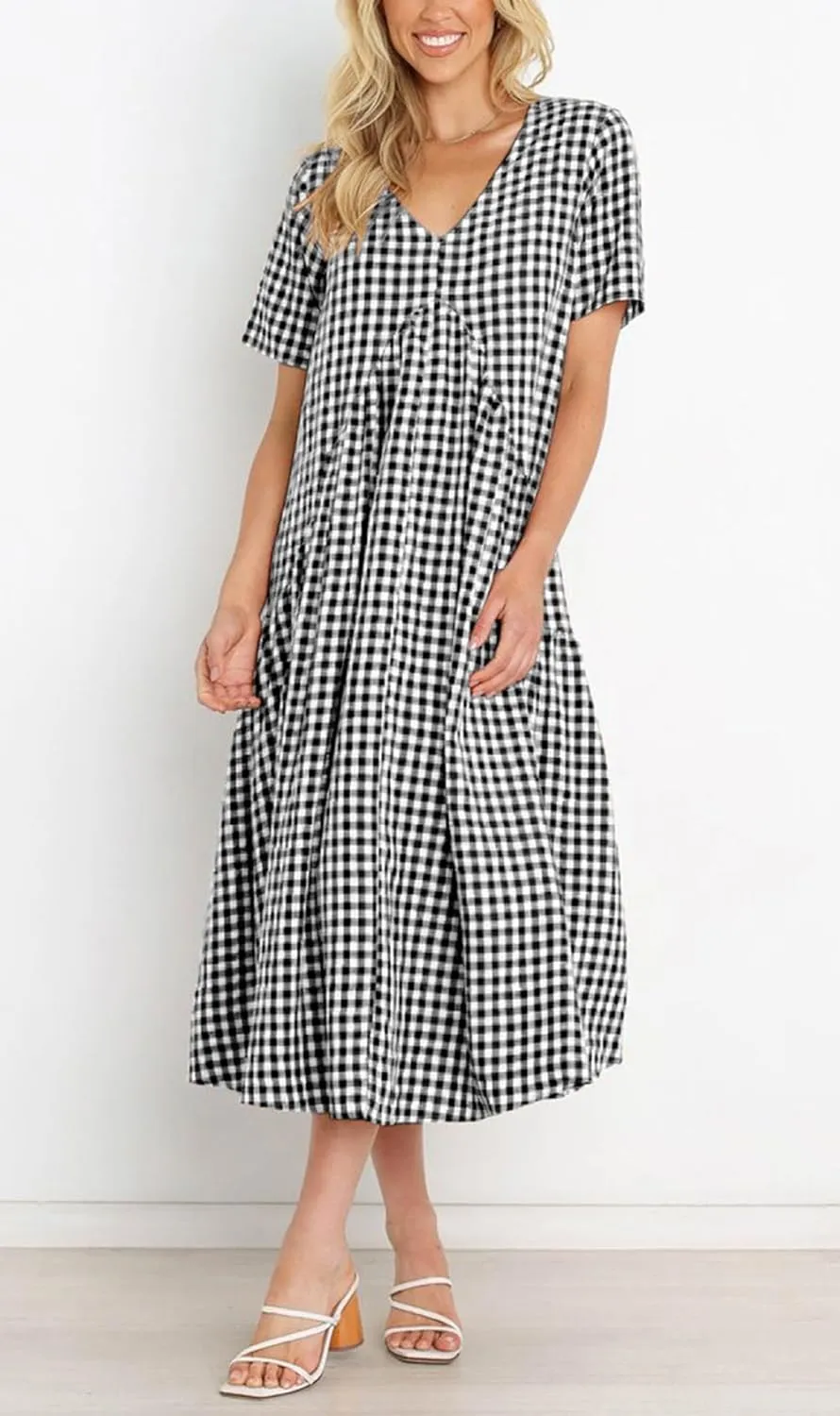 chouyatou Women's Summer Casual Midi Long Plaid Tunic Dress Ruffle Empire Waist Flowy Swing Gingham Dress