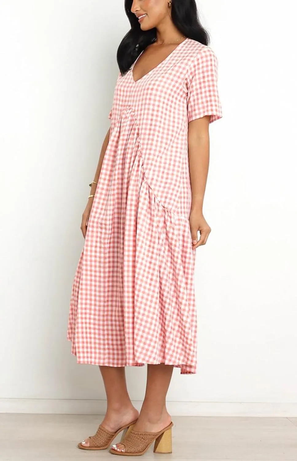 chouyatou Women's Summer Casual Midi Long Plaid Tunic Dress Ruffle Empire Waist Flowy Swing Gingham Dress