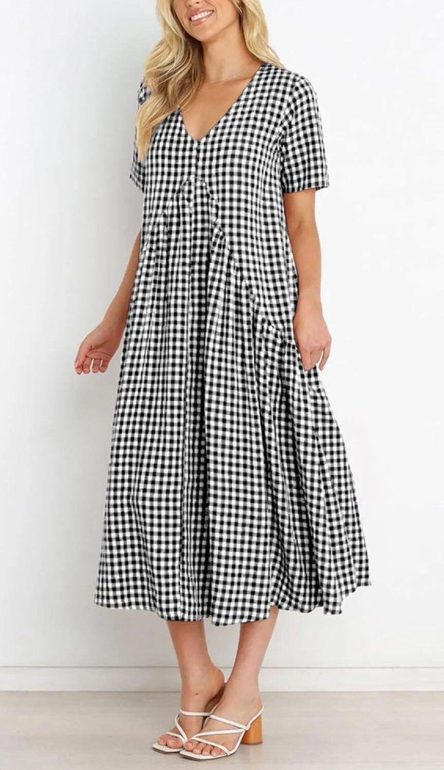 chouyatou Women's Summer Casual Midi Long Plaid Tunic Dress Ruffle Empire Waist Flowy Swing Gingham Dress